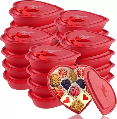 20 Pcs Valentine's Day Birthday Wedding Party Heart Shape Containers with Red Bows, 22oz/650ml Heart Shaped Box with lid, Food Storage Containers for Valentine's Day