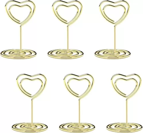 Jofefe 20pcs Mini Table Number Holders, Place Card Holder, Table Card Holders, Table Number Stands, Heart Shaped Table Sign Picture Photo Holder Menu Memo Clips for Valentine's Day Table Decor (Gold)
