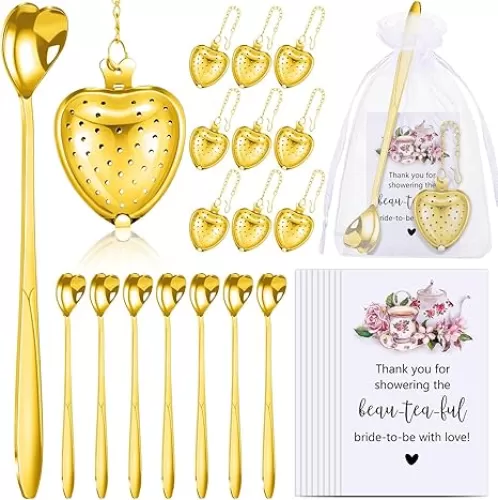 25 Sets Bridal Shower Favors for Guests Party Heart Infuser Spoon Steeper for Loose Tea with Thank You Cards Organza Bags Wedding Souvenir, No Tea (Gold)