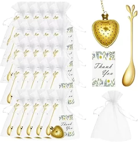 25 Sets Tea Party Bridal Shower Favors, Gold Foil Heart Shaped Tea Bubble Ball Tea Spoon, Mini Coffee Spoons, Heart Shaped Spoon, With Bridal Thank You Card and Twine Wedding Souvenir Teas Party Favor