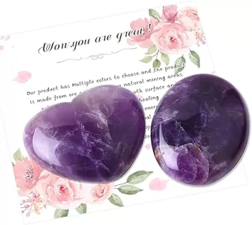 2Pcs 45MM Amethyst Heart Stones 45MM Palm Stone Natural Healing Heart Shaped Rocks Crystal Worry Stone for Anxiety Meditation Gift Energy Balancing Reiki