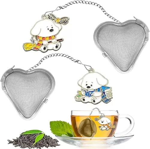 2pcs Cute tea infuser, loose tea strainer, tea ball infuser, tea filter, Heart shaped stainless steel tea ball + cute dog pendant, Tea Accessories For Tea Lovers(Reading + Mop Puppy)