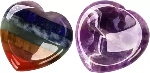 2PCS Heart Shaped Worry Stone, Crystals and Healing Stones for Stress Relief 7 Chakra & Amethyst for Meditation Pocket Size Spiritual Gifts for Women Men