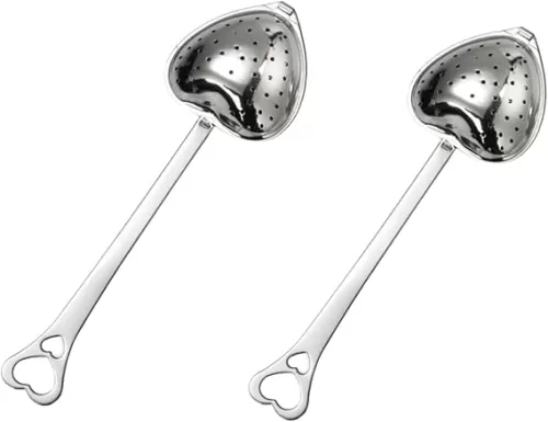 2Pcs Silver Tea Strainers for Loose Tea Tea Infuser Heart Shaped Tea Filter Set Long Spoon Kitchen Mugs Diffuser with Handle Infuser Filter Spoon, for Home and Kitchen