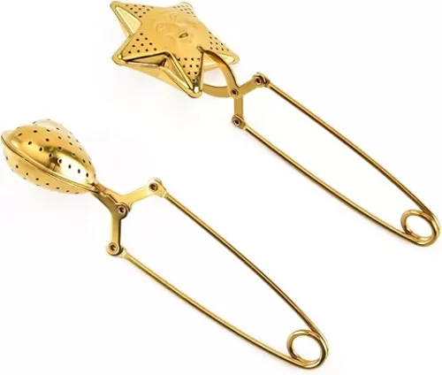 2Pcs Tea Snap Ball Heart Star Shape Tea Infuser Stainless Steel Tea Strainer Mesh Tea Filters Loose Leaf Tea Infuser with Long Handle(Gold)