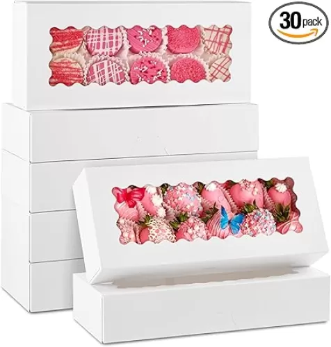 30 Pack Auto Pop-up Cookie Boxes with Window, 12.5" x 5.5" x 2.5" White Bakery Boxes Treat Boxes for Chocolate Covered Strawberries, Cake Pops, Donuts, Cocoa Bombs, Sugar Cookies, Pastries