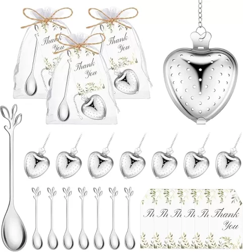 30 Sets Bridal Shower Tea Party Favor for Guests Leaf Tea Spoon Heart Tea Infuser for Loose Leaf Tea Steeper with Thank You Card Organza Bags for Wedding Gift Souvenirs Decoration (30, Gold)