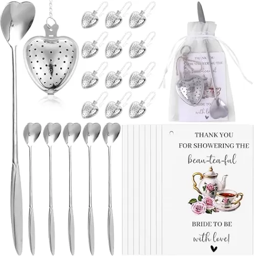32 Set Tea Party Bridal Shower Favors for Guests Thank You Cards Heart Shaped Spoon Small Infuser Ball Steeper for Loose Tea Organza Bags and Hemp Rope For Wedding Souvenirs (Silver)