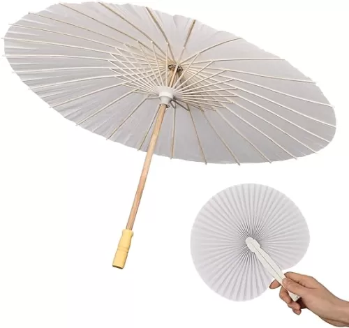 33 Inch White Paper Umbrella with Folding Heart Fan – Chinese Japanese Style Parasol for DIY Painting, Wedding, Bridal Shower, Photography, Party Decoration