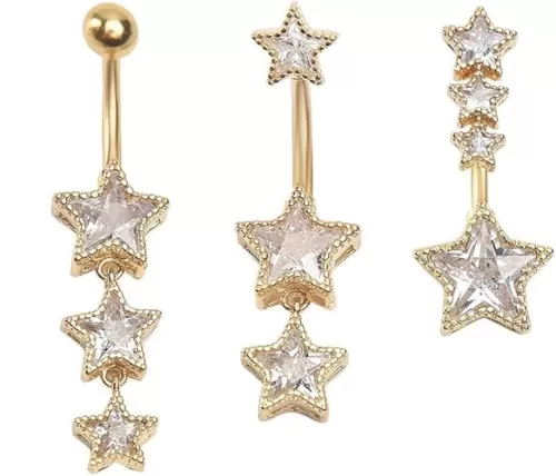 3Pcs 14G Stainless Steel Dangle Belly Button Rings Cubic Zirconia Heart Star Round Belly Navel Barbell Rings Belly Piercing Jewelry for Women
