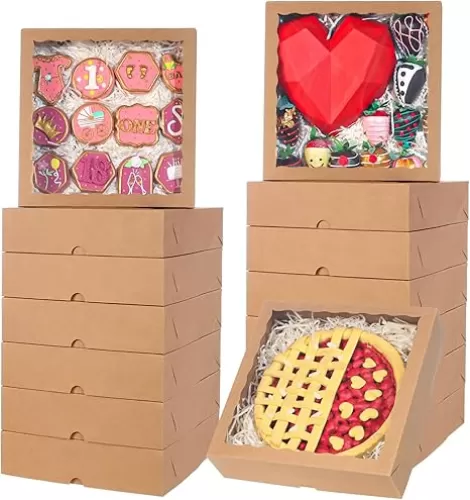 40pcs 10x10x2.5 Inches brown Bakery Boxes Pie Cookies Chocolate Covered Strawberries Breakable Heart Charcuterie Boxes for Valentine's Christmas