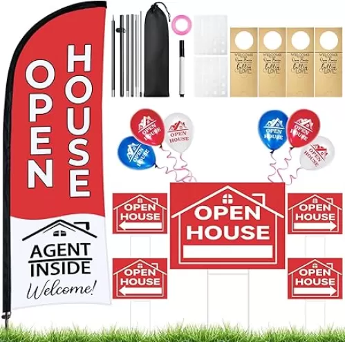 44 Pcs Open House Signs for Real Estate Agent Supplies, Double Sided Open House Flag with Poles Kit, 7.6 x 5.4 Ft Red Opening Sign Banner Set, 5 Pack Yard Signs with Metal Stakes 30 Balloons
