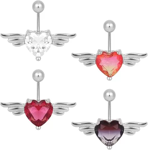 4pcs Small Belly Button Rings, Heart Wing Navel Ring with Artificial Zircon Creative Navel Piercing Jewelry for Women (4 Colors)