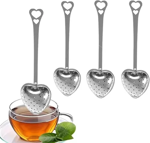 4PCS Stainless Steel Heart Shape Tea Infuser Long Handle Filter Tea Filter for Loose Tea (Silver)