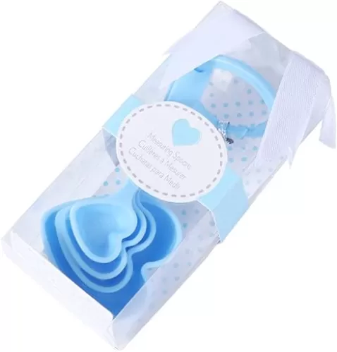 4Pcs/Lot Measuring Spoons, Plastic Heart Shaped Measure Spoon Set for Wedding Birthday Party Bridal Shower Individual Package Guests Souvenirs(Blue)