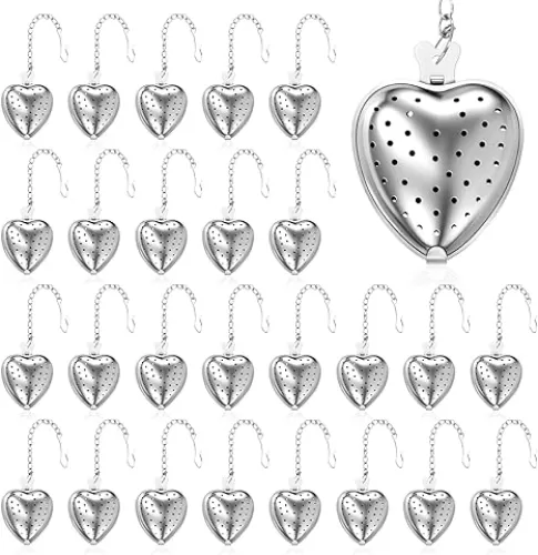 50 Pcs Tea Strainer Stainless Steel Ball Infuser Mesh Heart Shaped Tea Strainer Loose Leaf Steeper Interval Diffuser with Extended Chain Hook Tea Filters for Seasonings Cup Bottle