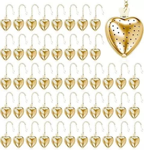 50 Pcs Tea Strainer Stainless Steel Tea Infuser Mesh Heart Shaped Tea Strainer with Extended Chain Hook Tea Interval Diffuser Tea Filters for Seasonings Cup Bottle, Gold