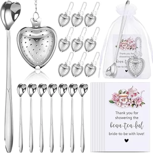 50 Sets Bridal Shower Favors for Guests Party Heart Infuser Spoon Steeper for Loose Tea with Thank You Cards Organza Bags Wedding Souvenir, No Tea (Silver)