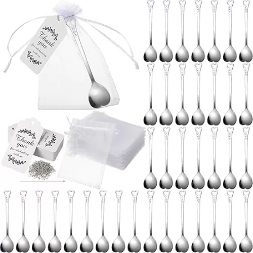 50 Sets Heart Shaped Spoons 5.7 Inch Coffee Dessert Tea Spoon Stainless Steel with Organza Bag and Thank you tags Set for Wedding Tea Party Party Favor(White)