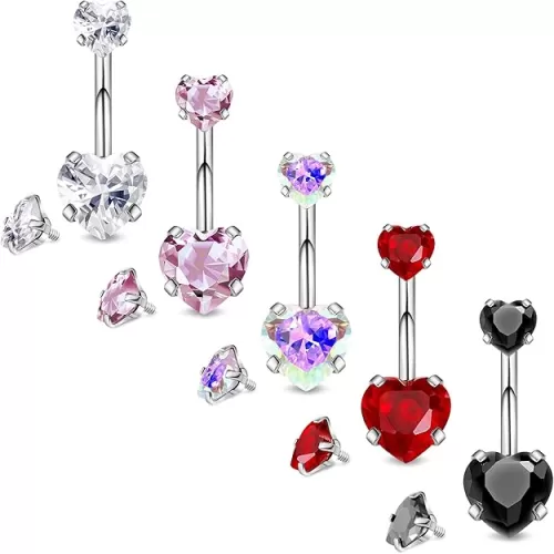 5Pcs 14G Surgical Steel Belly Button Rings Double Heart Navel Rings Cubic Zirconia Belly Rings Belly Piercing Jewelry with Extra Tops CZ