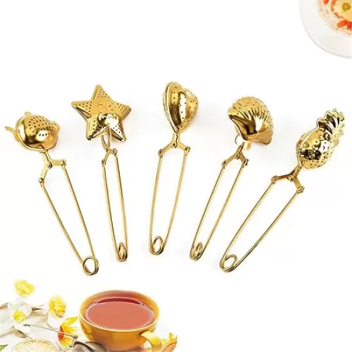 5Pcs Tea Snap Balls Seashell Heart Star Pineapple Teapot Shape Tea Filters Stainless Steel Tea Strainer Loose Leaf Tea Infuser with Long Handle(Gold)