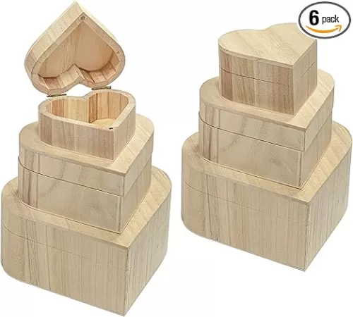 6 Pack Wooden Box Heart-Shaped Jewelry Box Unfinshed Wood Nesting Keepsake storage for Crafts (3 Pieces/set, 2 Sets)