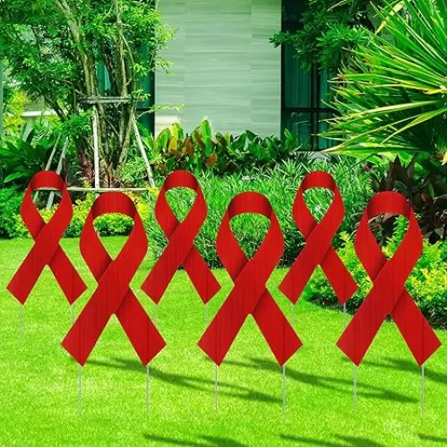 6 Pcs Ribbon Awareness Yard Signs with Metal Stakes 14" Ribbon Health Awareness Lawn Stakes Waterproof Patio Sign for Outdoor Garden Church(Red)