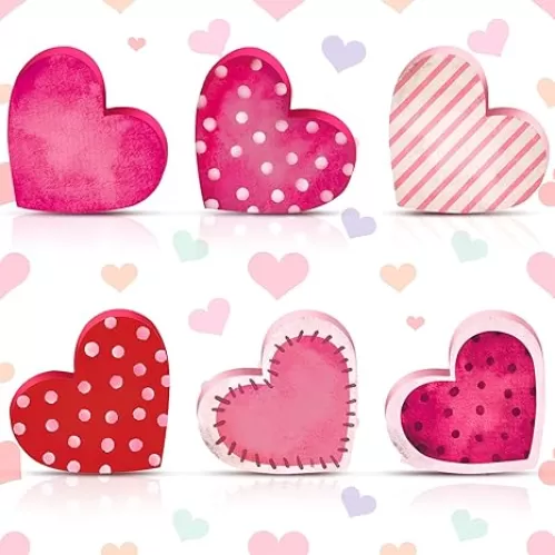 6 Pcs Valentine's Day Wooden Heart Signs Tiered Tray Decor Wood Heart Shape Table Blocks for Party Home Office Table Shelf Decor for Valentine's Day(Pink)