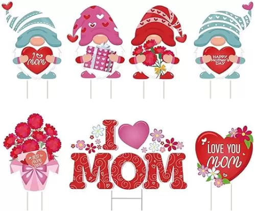 7 Pieces Mother's Day Yard Signs Decorations with Stakes, Happy Mothers Day Outdoor Decorations, I Love You Mom, Heart, Flowers, Gnomes Lawn Signs, Garden, Home, Mothers Day Party Supplies