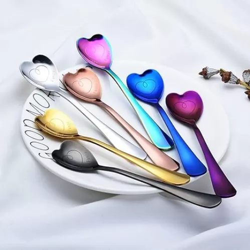 7 Stainless Steel Spoons - Heart & Love Shaped, Coffee & Dessert Spoons, Multicolor Gift Set