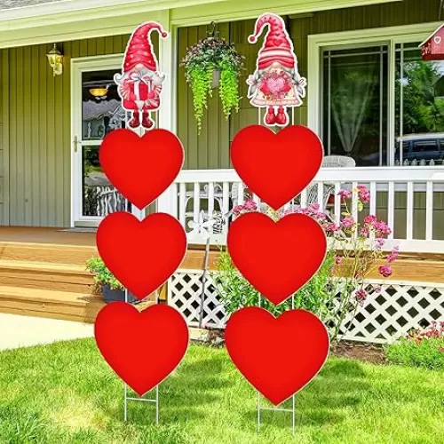 8 Pcs Valentine Outdoor Decorations Heart Gnome Yard Sign with Stakes Large Valentines Red Heart Yard Stakes Suitable for Lawn Patio Garden Outside Wedding Party Anniversary Decoration