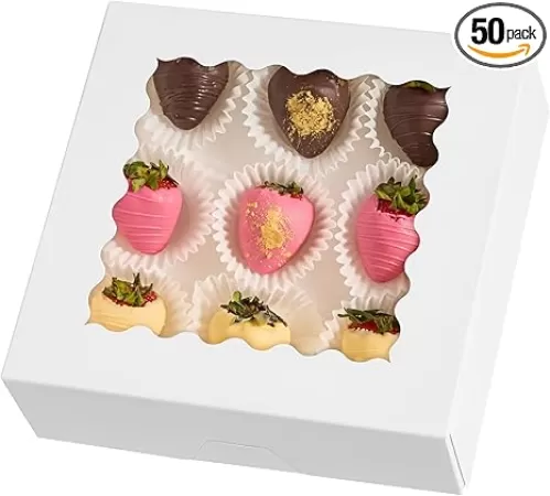 8" x 8" x 2.5" Pie Boxes, 50 Pack Auto Pop-up Chocolate Covered Strawberry Boxes White Bakery Boxes with Window for Cookies, Treats, Pastry, Breakable Heart, Donuts, Muffins