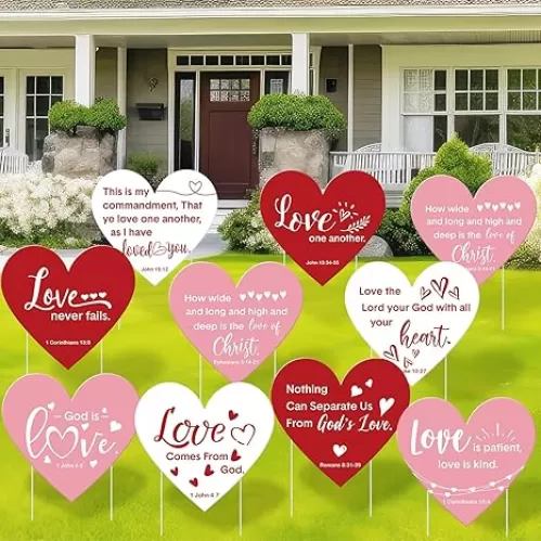 9 Pcs Christian Valentine's Day Yard Sign for Outdoor Decorations Jesus Bible Verse Hearts Lawn Decor with Stakes Heart Decoration for Wedding Shower Supplies Garden Pathway Walkway Love Decor