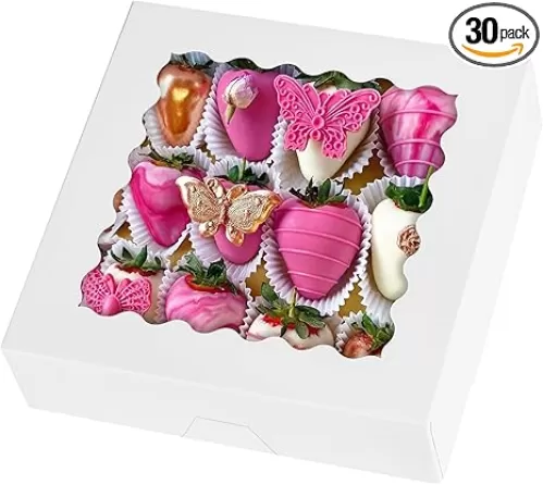 9" x 9" x 2.5" Pie Boxes, 30 Pack Auto Pop-up Chocolate Covered Strawberry Boxes White Bakery Boxes with Window for Cookies, Treats, Pastry, Breakable Heart, Donuts, Muffins