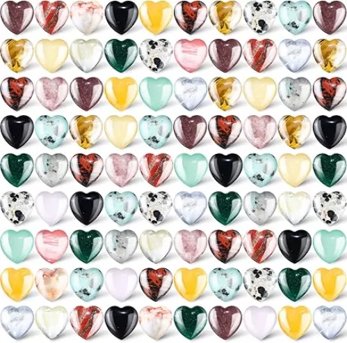 90 Pieces Worry Stone Bulk Heart Crystal Stones Natural Healing Assorted Heart Love Gemstones Polished Palm Amethyst Rose Quartz Crystals for Witchcraft Reiki Balancing Meditation Decor, 0.6 Inch