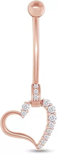 AFFY Round Shape White Cubic Zirconia Heart Charm Belly Ring in 14k Gold Over Sterling Silver