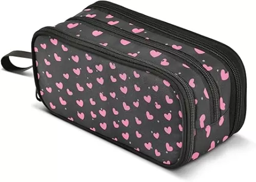 ALAZA Pink Heart Polka Dot Black Pencil Case Large Capacity, Pencil Pouch Office College Large Storage Pen Bag 3 Compartment Pencil Cases for Women Adults Teen