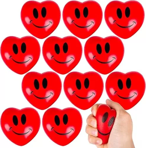 ArtCreativity Heart Stress Balls 12 pcs 2.75 inches Red Foam Squishy Toys, Smile Face Squeeze, Red Hearts, Love-Themed Party Favors, Gifts, Rewards, Valentines Day, Easter Basket Stuffer, Kids, Adult