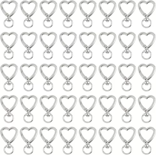 AUEAR, Keychain Clip Metal Spring Snap for DIY Hanging Buckle and Bag Accessories Creative Key Ring (50 Pack, Heart Shape Design, Silver)