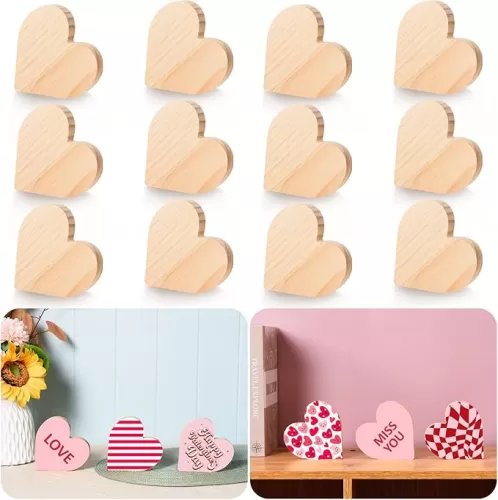 AWIZOM 12 Pcs Valentine's Day Wooden Heart Cutouts 3.94 Inch Unfinished Heart Shaped Table Wooden Signs Blank Wood Blocks Wood Hearts Tiered Tray Decor for Wedding Home Shelf Decor, 0.59" Thick