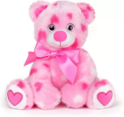 Bearington Collection Pink Plush Stuffed Animal Teddy Bear with Hearts, Adorable, Soft Cuddly Plush with A Pink Bow, Gift for Birthdays, Holidays & Special Occasions Like Valentines Day, 8.5 inches