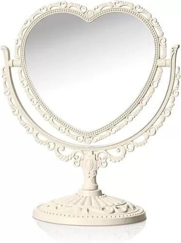 Beige Heart Vanity Mirror 360 Degree Swivel Makeup Mirror Aesthetic Mirror Double Sided Table Desk Countertop Mirror Stand Cosmetic Mirror Dresser Bathroom Bedroom Mirror for Women Girls
