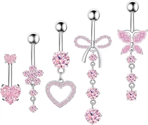 Belly Button Ring Dangle Navel Belly Piercing Jewelry Cute Pink CZ Heart Butterfly Bow Flower Navel Belly Rings for Women 14G Silver Stainless Steel Dainty Dangly Dangling Belly Button Piercing