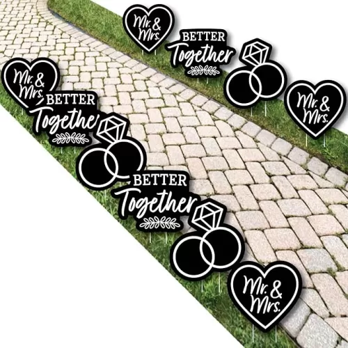 Big Dot of Happiness Mr. and Mrs. - Heart and Rings Lawn Decorations - Outdoor Black and White Wedding or Bridal Shower Yard Decorations - 10 Piece