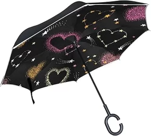 Black Hearts Inverted Reverse Upside Down Umbrella with C-Shaped Handle, Anti-UV Waterproof Windproof Rain Umbrella for Women