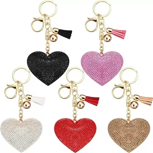 Bling Rhinestone Heart Shape Keychains Glitter Crystal Heart Tassel Keychains Key Rings for Women Girls