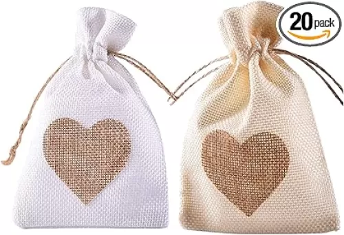 Burlap Bags, 20 Packs 4"x6" Drawstring Heart Burlap Gift Bag Candy Pouches Linen Pockets for Valentine's Day Wedding Easter Christmas Halloween Thanksgivings New Year (4"x6")