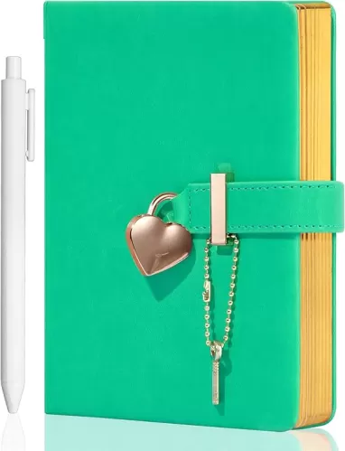 CAGIE Diary with Lock for Girls Heart Shaped Lock Diary with Key 290 Gold Edged Pages Journal for Women Personal Organizers Secret Notebook with Pen B6 Size 5.3x7 inch, Green