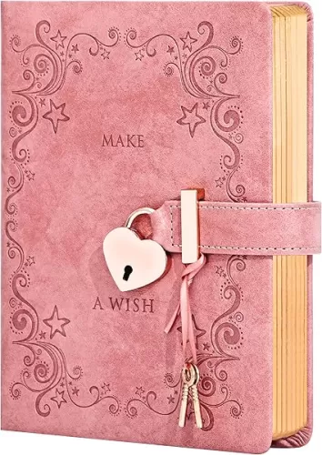 CAGIE Diary with Lock for Girls Heart-Shaped Lock Journal for Women, Girls Diary with Gold Edged Pages Jouranl with Lock for Writing, Cute Diary for Gifts, 5.3 x 7 inch, Pink