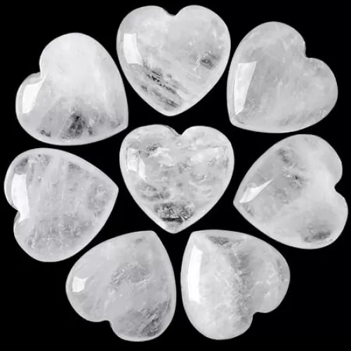 CASMON 8 Pcs Natural Clear Quartz Heart Love Stones (1 Inches), Puff Hearts Healing Palm Crystal Set with Gift Box for Chakra Reiki Home Décor